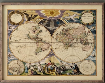 1850年の世界地図、メルカトル図法、19世紀のアンティーク世界地図、古
