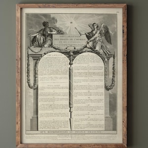 May include: A framed black and white print of the Declaration of the Rights of Man and of the Citizen, a document from the French Revolution. The print features two figures, one female and one male, holding a quill pen and a sword, respectively. The text of the declaration is printed in French.