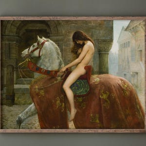 May include: A framed print of a painting depicting a nude person riding a white horse. The horse is adorned with red and gold decorative elements. The background shows an architectural setting with buildings and arches.