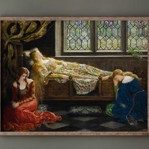 May include: A framed painting depicts a woman lying on a bed, adorned in a floral patterned gown. Two women kneel nearby, one in a red dress, the other in a blue gown. The scene is set in a room with a window.