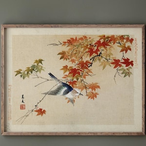 Uccello che vola tra i rami autunnali di Matsumura Keibun, 1892 Riproduzione di stampa artistica. Poster opaco