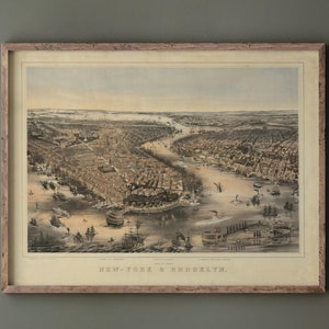 New York City aerial view. 1852 Vintage antique map reproduction. Fine Art print
