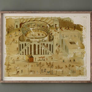 以下が含まれることがあります： 闘牛のシーンを描いた、額装されたヴィンテージプリント。このアートワークは、観客とスポーツに従事する人物がいる円形アリーナを、落ち着いたアースカラーで表現しています。プリントは明るい色の木製フレームに額装されています。