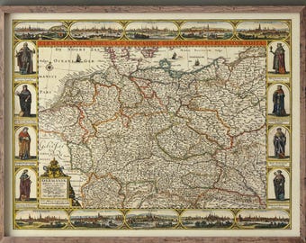 May include: Framed vintage map of Germany, featuring detailed cartography with intricate lines and text. The map is adorned with illustrations of figures and cityscapes, set within a wooden frame. The color palette includes beige, brown, and touches of red and green.