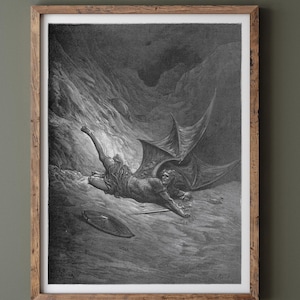 Gustave Dore Paradise Lost engraving print reproduction. Satan wounded in battle experiences pain for the first time. Fine art print.