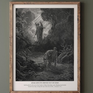 Gustave Dore The Bible engraving print fine art reproduction. Adam and Eve driven out from Eden. Wall art decor
