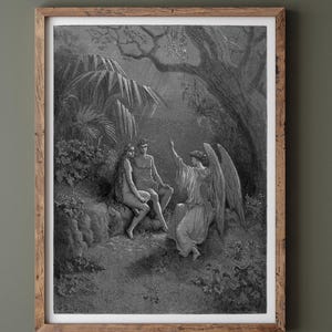 Gustave Dore Paradise Lost engraving print reproduction. Archangel Rapahel with Adam and Eve in Eden. Fine art print. Wall art decor.