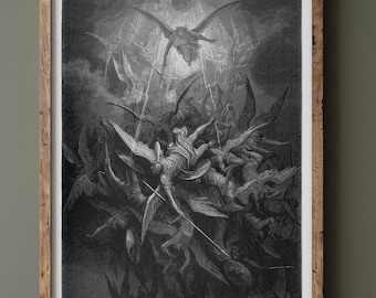 Gustave Dore  Paradise Lost engraving print reproduction. Dawnfall of Satan with his fallen angels driven out from Heaven.