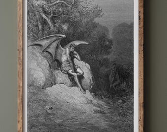 Gustave Dore Paradise Lost engraving rprint reproduction. Satan contemplation of the beauty of Earth. Fine art print.