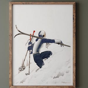 Skieuse a pied dans la neige di René Vincent. Illustrazione di una sciatrice femminile. Riproduzione di decorazioni artistiche da parete. Stampa d'arte.