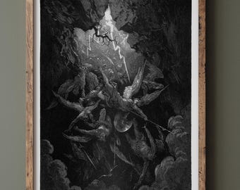 Gustave Dore Paradise Lost engraving print reproduction. Satan and his fallen angels expelled from heaven