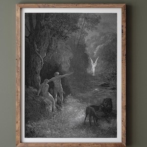 Gustave Dore Paradise Lost engraving print reproduction. Adam and Eve and Archangel Raphael in eden. Fine art print.