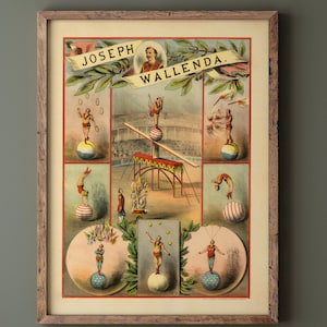 Old vintage circus print reproduction. Joseph Wallenda acrobat. Fine art print remastered