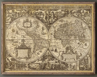 Carte du monde ancienne, reproduction vintage du XVIIe siècle. Impression d'art. Affiche d'art mural