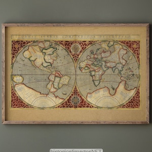 May include: A vintage world map print in a brown frame with a red and gold border. The map shows the continents of North America, South America, Europe, Asia, Africa, and Australia. The title of the map is "Orbis Terrarum Compendiosa Descriptio".