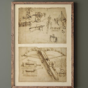 Può includere: Una stampa incorniciata di un disegno vintage di una balestra. Il disegno è in inchiostro nero su carta beige. Il disegno mostra la balestra da diverse angolazioni e include annotazioni dettagliate.