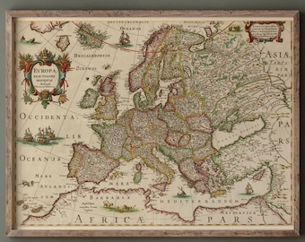 Antique map of Europe reproduction of the 1620 by Hendrik Hondius. Fine art print. Wall art poster