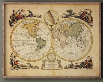 ヴィンテージ世界地図イラストプリント | アンティーク壁装飾 | 古地図