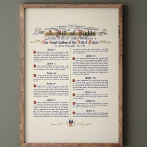 Könnte beinhalten: Ein gerahmter Druck der Bill of Rights, ein historisches Dokument. Der Text ist schwarz, mit dekorativen Verzierungen und einem Siegel unten. Der Rahmen besteht aus hellem Holz.