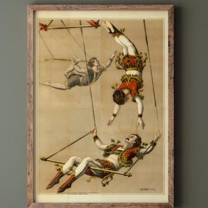 Vintage old circus acrobats poster. Trapeze acrobatic performance Remastered fine art print reproduction