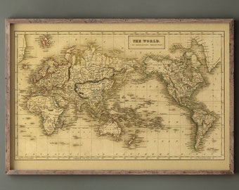 1850年の世界地図、メルカトル図法、19世紀のアンティーク世界地図、古