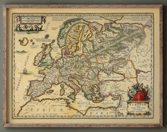May include: An antique map of Europe from 1680, printed in black, brown, and green ink on a cream-colored paper. The map is framed in a brown wood frame. The map is titled "Europae Criticam Tabula" and includes the text "Oceani Atlantici", "Mare Caspium", "Africa", "Pars", and "Oceani Septentrionalis".