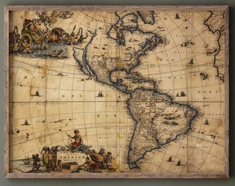Könnte beinhalten: Eine antike Karte von Amerika, gedruckt auf gealtertem Papier mit einem braunen Holzrahmen. Die Karte zeigt Nord- und Südamerika mit detaillierten Linien und Markierungen. Die Karte trägt den Titel "Tabula Americae Novae" und zeigt eine kleine Illustration einer Frau, die auf einem Globus steht.