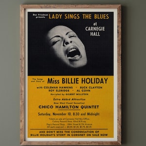 Billie Holiday music poster of her concert at Carnegie Hall in 1956. Fine art print. Wall art decor