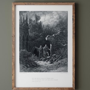 Gustave Dore illustration of King Arthur legends. Yniol Shows Prince Geraint His Ruined Castle. Idylls of the King by Alfred Tennyson