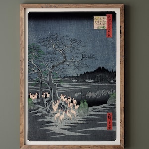 Fox Fires on New Year’s Eve at the Changing Tree in Oji by Utagawa Hiroshige, japanese woodblock Ukiyo-e artist. Fine art print repro
