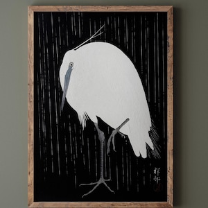 Egret in the rain by Ohara Koson woodblock print fine art reproduction, Matte poster