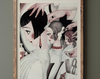Chez le Coiffeur ( At the Hairdresser's ) by Gerda Wegener published by Fantasio vintage magazine. Fine art print repro.