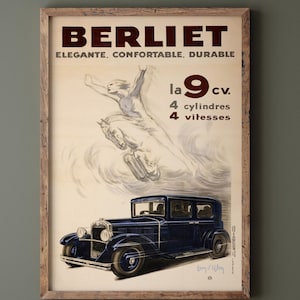 D&#39;Ylen vintage advertising repro poster for Berliet car brand of the 30s. Wall art decor. Fine art print.