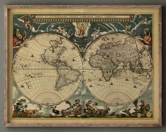 古い世界地図 大きなヴィンテージ世界地図 歴史的 1689 アンティーク
