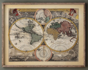 Ancient world map poster reproduction from 1720. Fine art print. Wall art poster