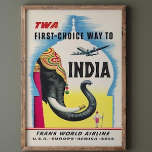 Travel India vintage poster repro. TWA Trans World Airline First Choice way to India. Fine art print wall art