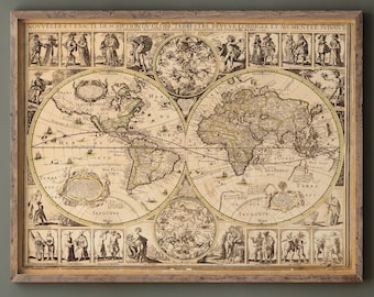 古典的な世界地図2点セット 1904年 二半球世界地図 – アンティーク歴史版画、ヴィンテージ帝国壁画