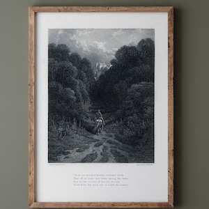 Gustave Dore illustration of King Arthur legend .Lancelot approaching the Castle of Astolat, Idylls of the King by Alfred Tennyson.