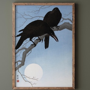 Zwei Krähen auf einem Ast von Ohara Koson 1927 Holzschnitt. Fine Art Print, Mattes Plakat