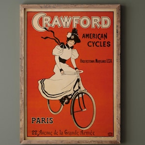 Crawford american cycles 1895 vintage poster repro print. Bicycle advertising poster. Wall art decoration. Fine art print
