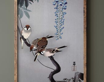 Ring sparrows at wisteria by Ohara Koson Ukiyo-e art. Woodblock print reproduction. Matte poster