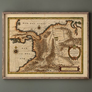 Impression de carte ancienne de l'Amérique centrale et du nord-ouest de l'Amérique du Sud 1631. Cartes du monde vintage d'art mural