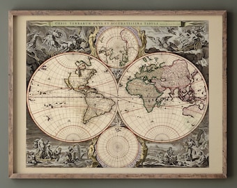 ヴィンテージ世界地図ポスター: 1663 ヘンリックス ホンディウス