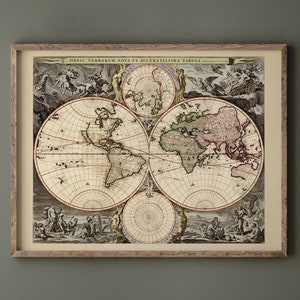 Antique world map print reproduction of the XVII Century. A beautiful vintage old map poster. Wall art