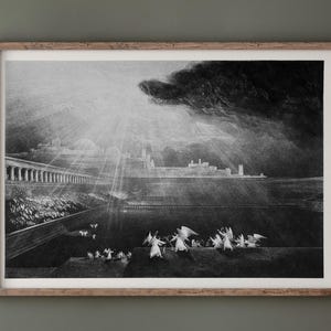 May include: Black and white framed print of a historical artwork. The image depicts a celestial scene with figures, architecture, and dramatic lighting. The artwork is framed in a light-colored wooden frame.