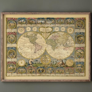Ancient world map of 1776 Double hemisphere world map. Fine art print.