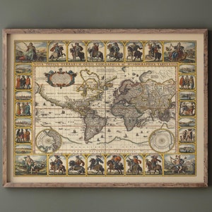 May include: An antique world map print in a wooden frame. The map is titled "Nova Totius Terrarum Orbis Geographica & Hydrographica Tabula" and features detailed illustrations of continents, oceans, and islands. The map is surrounded by a decorative border with figures and scenes.