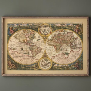 1596 Ancient double hemisphere world map. Orbis Terrae Compendiosa map fine art map is a marvel of historic cartography