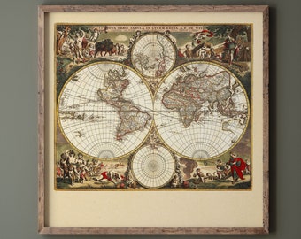 Antyczna mapa świata w formie wydruku. Ilustrowana reprodukcja mapy z 1688 roku. Plakat ścienny.