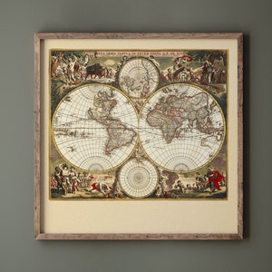 Impresión de un mapa del mundo antiguo. Reproducción ilustrada de un mapa antiguo de 1688. Póster mural.